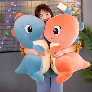 Lindo y suave cojín de peluche de dinosaurio grande en azul y naranja, regalo infantil