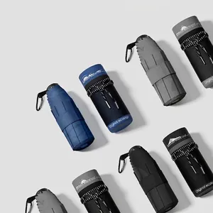 Compact UV sun umbrella with hard case and hook, portable 5-fold design for men.