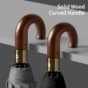 Premium 20-rib automatic business umbrella featuring an ergonomic solid wood curved handle