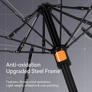 Close-up of a durable steel frame of a black sun umbrella with orange accents.