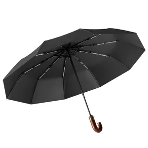 Premium 20-rib automatic oversized black umbrella with solid wood curved J-handle