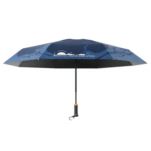 Navy blue five-fold UV umbrella with black glue coating and carabiner handle
