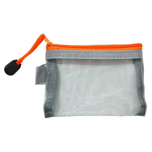 Portable transparent grey nylon mesh zipper pouch with orange puller for coin and card storage