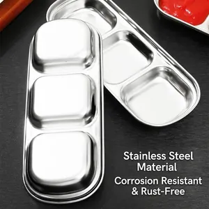 Premium Korean style stainless steel three-compartment condiment and dipping sauce dish