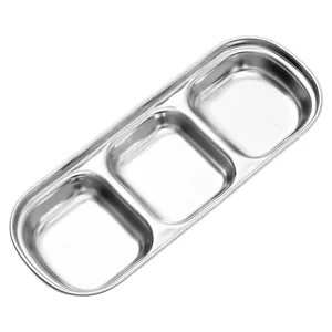 Stainless steel three-compartment sauce dish with polished silver metallic finish