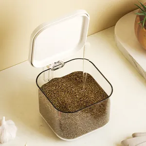 Square transparent seasoning box with white flip lid and spoon for kitchen spice storage