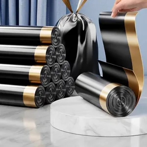 Premium heavy duty black and gold drawstring garbage bags with automatic closure feature