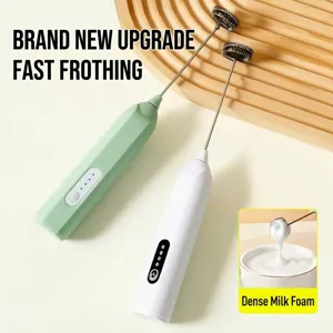 Portable handheld electric milk frother in mint green and white for coffee foam
