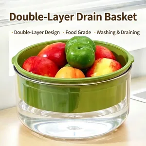 Double-layer drain basket for fruit and vegetable washing, durable food-grade plastic.