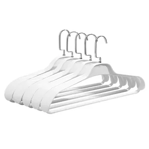 Set of five durable white wide-shoulder non-marking clothes hangers for suits and heavy coats