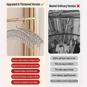 Stainless steel multi-clip sock drying rack with windproof hook and curved design