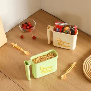Square instant noodle bowl set with handle and matching spork for student dorms