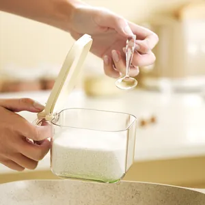 Modern transparent seasoning box with flip lid and measuring spoon for kitchen spice storage