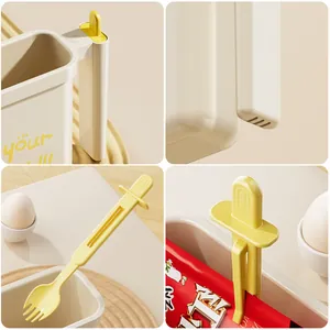 Portable instant noodle bowl set with integrated spoon and fork for dormitory use