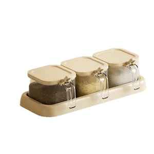 Premium 3-piece cream seasoning container set with lids and base tray for kitchen storage