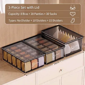 Set of 3 transparent drawer organizer boxes with lids for bras, panties, and socks