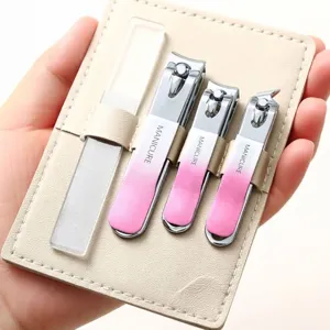 Gradient Pink Stainless Steel Nail Clipper Professional Manicure Pedicure Tool Home Travel Grooming Kit With Leather Pouch