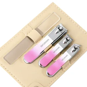 Gradient pink 4-piece manicure set with nail clippers and glass file in beige pouch