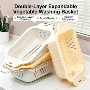 Cesta de drenaje de cocina retráctile de doble capa para lavar verduras y frutas en el fregadero
