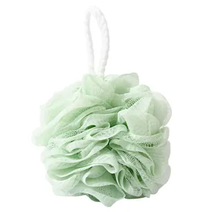 Soft light green mesh bath sponge loofah ball with white hanging rope for shower