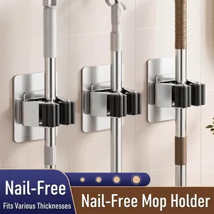 Nail-Free Stainless Steel Mop Holder Wall Mounted Broom Organizer Rack With Hook Heavy Duty Adhesive Storage Hook For Bathroom Kitchen