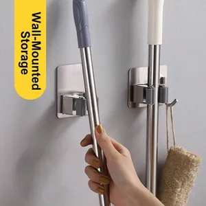 Punch-free stainless steel mop holder wall-mounted hook for bathroom organization