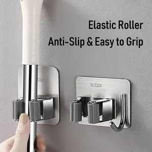 Wall-mounted stainless steel mop holder with elastic rollers and hook for bathroom