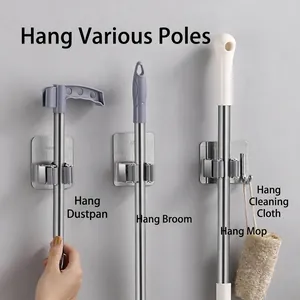 Strong adhesive wall-mounted stainless steel mop and broom holder for home storage