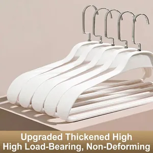 Set of 5 wide shoulder non-slip hangers for heavy coats and suits in white plastic.