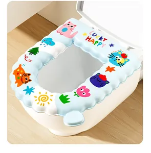 Detail view of colorful cartoon waterproof padded toilet seat cover with adhesive back
