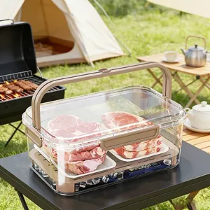 Portable Food Storage Box With Handle Sealed Transparent Picnic Camping Container With Draining Tray Large Capacity PET Fresh Keeping Box