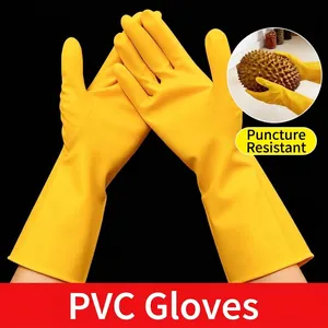 Durable yellow PVC household cleaning gloves with thickened puncture-resistant material