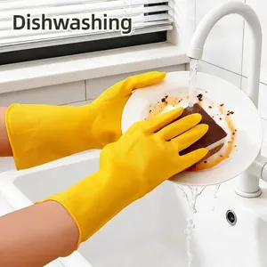 Yellow waterproof rubber cleaning gloves for kitchen dishwashing and housework