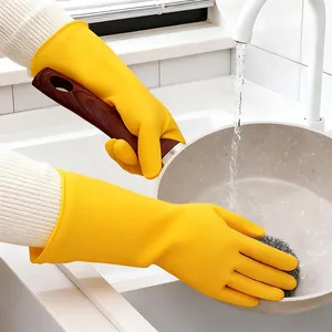 Durable yellow latex cleaning gloves for household kitchen dishwashing and housework