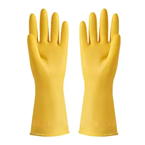 Durable yellow waterproof rubber cleaning gloves for household kitchen dishwashing
