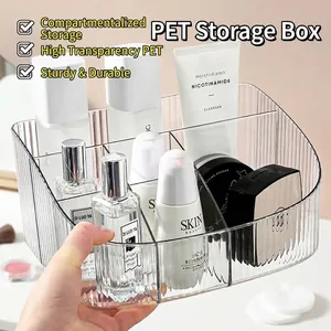 Large clear multi-compartment PET cosmetic storage box and desktop makeup organizer