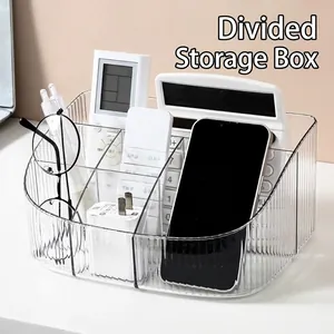 Clear acrylic desk organizer with multiple compartments for cosmetics and office supplies