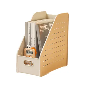 Desktop pegboard file organizer for books and magazines in cream and yellow colors