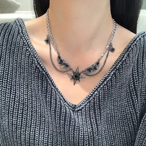 Y2K Dark Gothic Wing Star Pendant Necklace Subculture Titanium Steel Alloy Rhinestone Punk Double Layer Neck Jewelry Gift