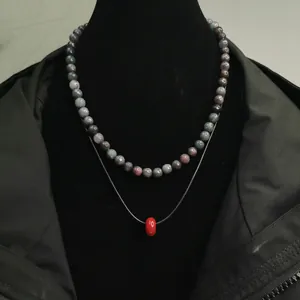 Collier en Perles de Pierre Naturelle de Style Néo-Chinois pour Hommes et Femmes Fait Main Ethnique avec Pendentif Rouge Collier Double Rang Bijoux de Mode Cadeau