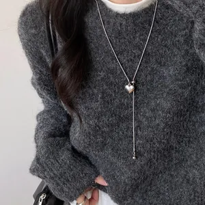 Minimalistische Titanstahl Herz Anhänger Halskette Verstellbare Lange Pullover Kette Künstliche Perle Tigerauge Stein Schmuck Damen