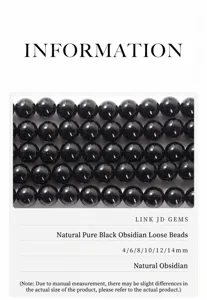 Macro view of polished natural black obsidian beads with technical size chart for DIY