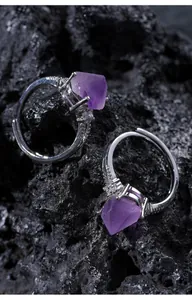 Verstellbare S925 Silberringe mit natürlichen violetten Amethyst Kristallen