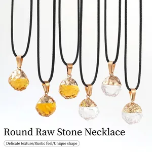 Collana Vintage con Ciondolo in Cristallo Naturale Grezzo Placcato Oro Geometrico Tondo Quadrato con Corda Cerata Nera per Donna Uomo Gioielli Quotidiani