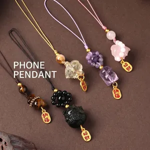 Natürlicher Kristall Glückskatze Handy-Anhänger Neuer Chinesischer Stil Amethyst Obsidian Tigerauge Pixiu Schlüsselanhänger Tasche Anhänger Nationaler Stil Schmuck Damen Herren Geschenk