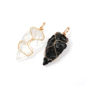 Handmade gold wire wrapped raw crystal and black obsidian arrowhead stone pendants