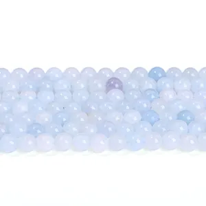 Perles rondes naturelles en calcédoine aigue-marine bleu clair pour création bijoux