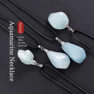 Collier Pendentif en Pierre Brute d'Aigue-marine Citrine Améthyste Naturelle pour Femmes Hommes Bijoux en Pierres Précieuses Faits à la Main en Cordon de Cire Vintage