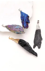 Colgantes de piedra de turmalina negra natural en forma de pluma con cierres de metal