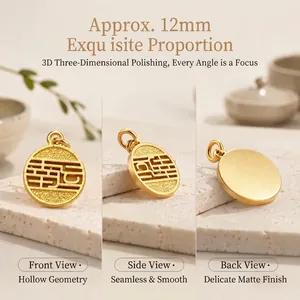 Detailed views of 12mm matte gold hollow round pendant showing front, side and back.